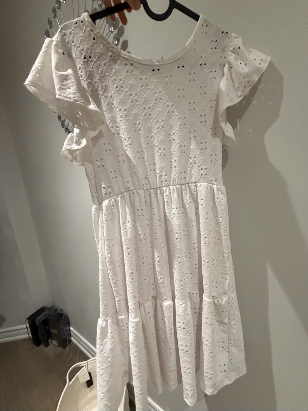 White Eyelet Tiered Mini Dress with Flutter Sleeves - Picture 1 of 4